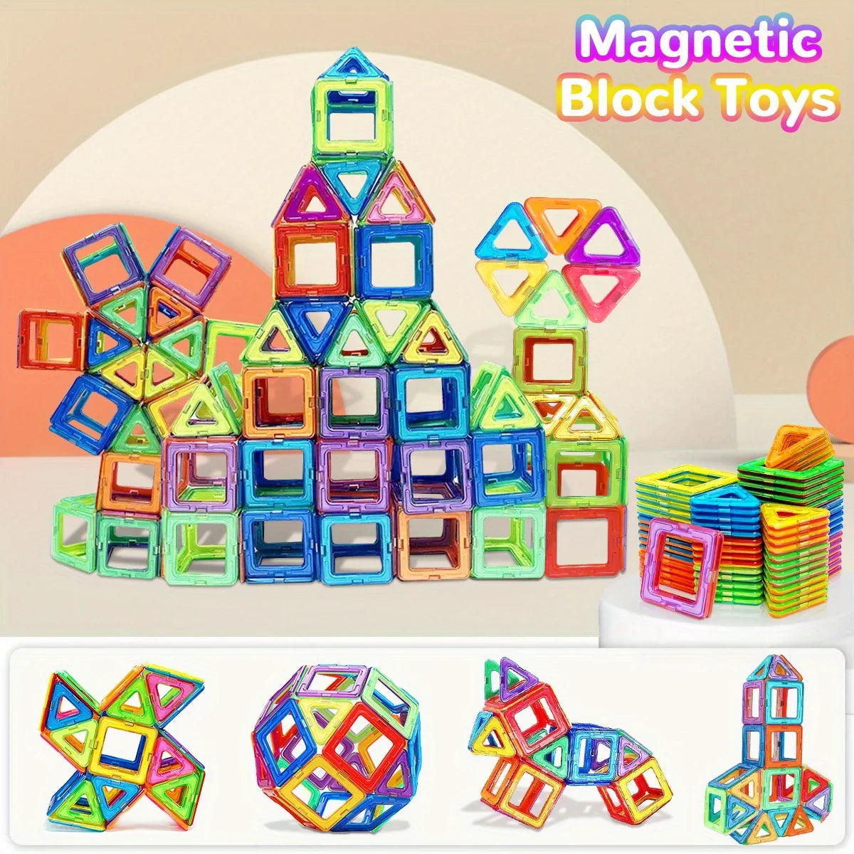 Colorful magnetic block toys made of square and triangular plastic pieces, shown assembled into a castle-like structure with stacks of loose pieces and four additional toy configurations below on a light beige graphic background.
