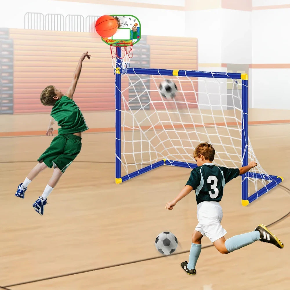 Two children playing sports in a gymnasium with basketball and soccer equipment.