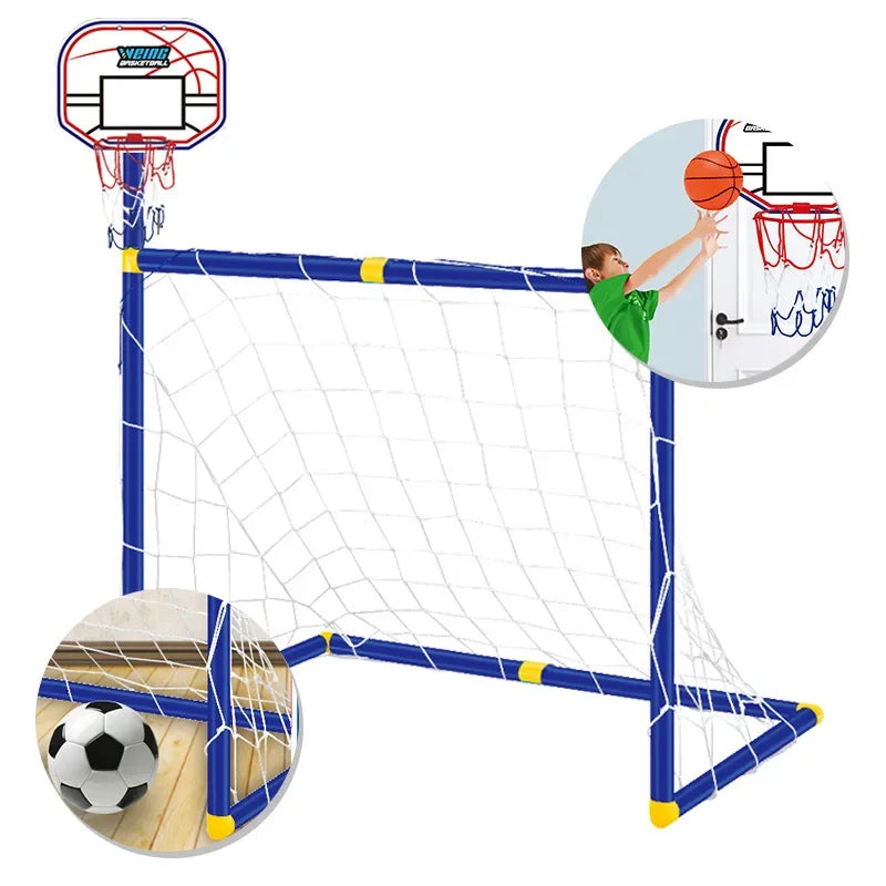 Multifunctional sports play set with basketball hoop and soccer goal on a white background