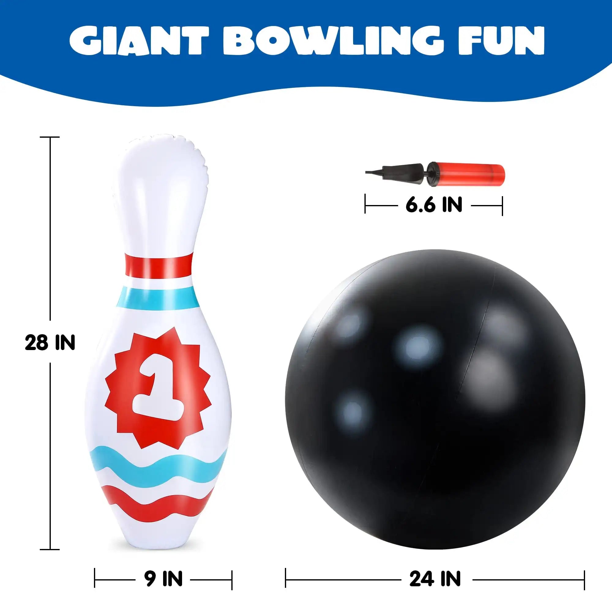 Giant inflatable bowling pin and ball with measurements on a white background