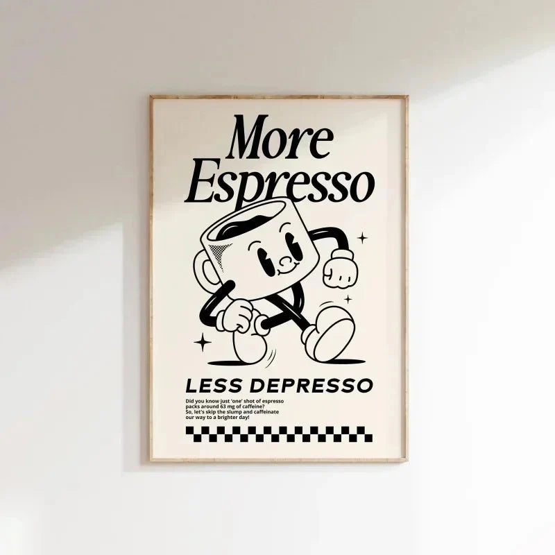 More Espresso Less Depresso Wall Art – Retro Coffee Quote Print for Kitchen & Home Café