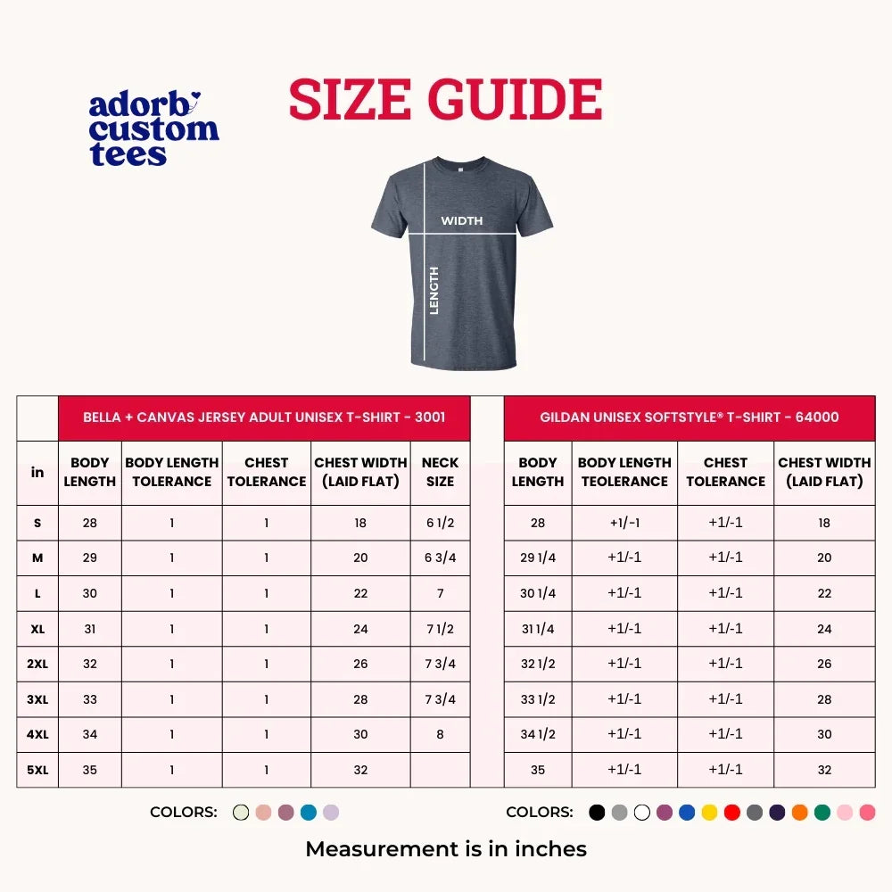 Size guide for Bella + Canvas and Gildan t-shirts with a gray t-shirt on a white background.