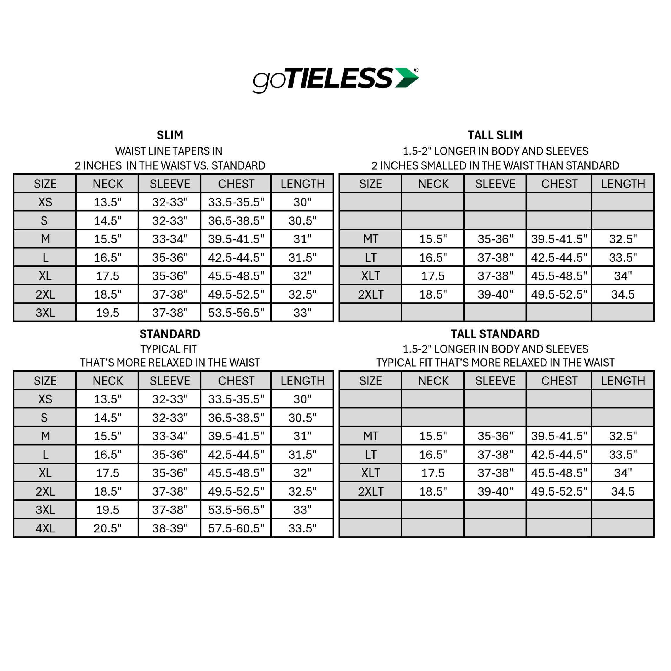 Size chart for shirts with goTIELESS branding on a white background