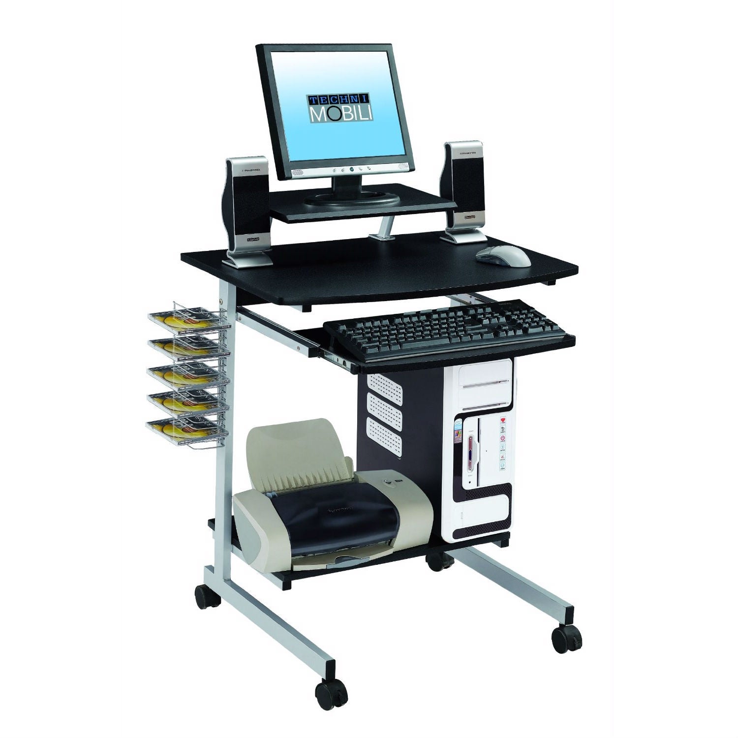 Mobile Computer Cart Desk with Keyboard Tray & Printer Shelf – Roll-Anywhere Home Office Desk