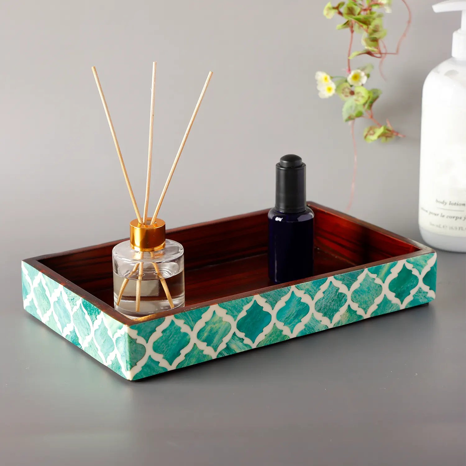Moroccan Bone Inlay Tray 10x6 – Handmade Artisan Decorative Accent