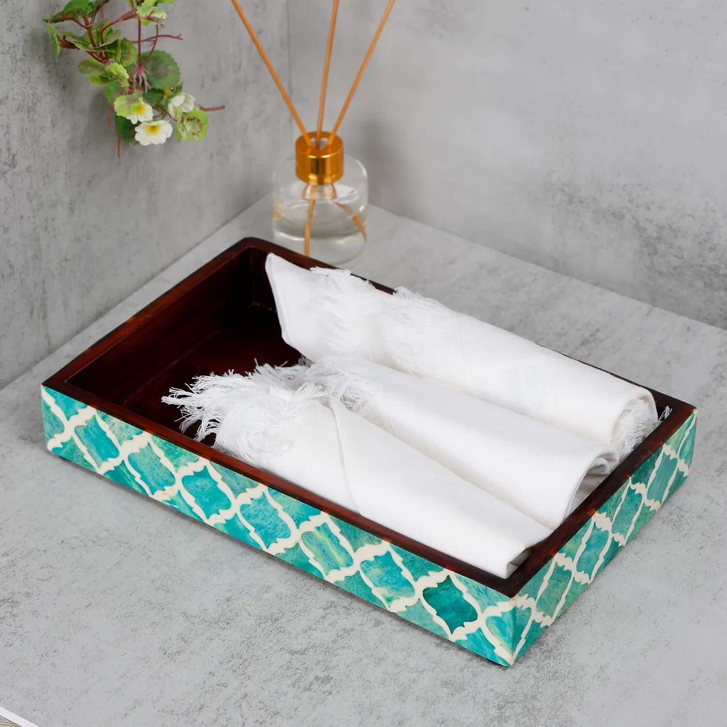 Moroccan Bone Inlay Tray 10x6 – Handmade Artisan Decorative Accent