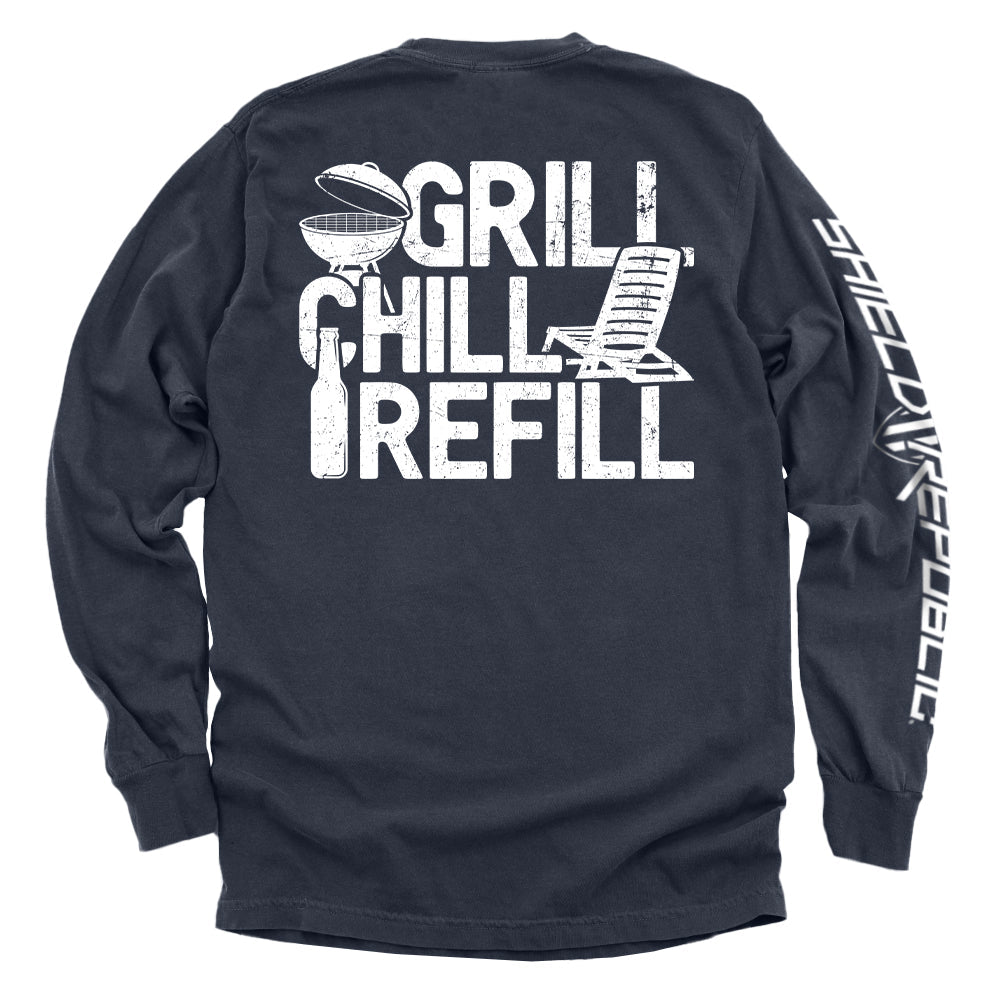 Navy long-sleeve shirt with white graphic and text on a white background