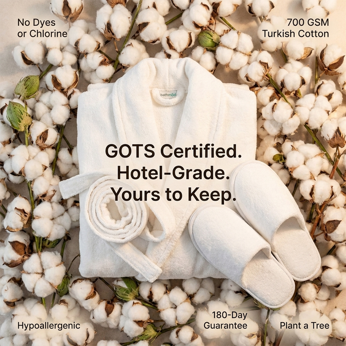 White bathrobe and slippers on a bed of cotton with text highlighting product features.