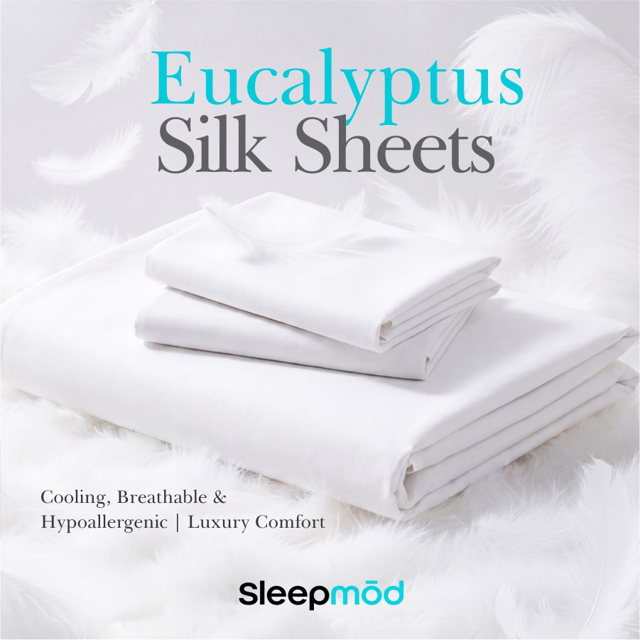 Eucalyptus silk sheets with 'Sleepmod' branding on a white background