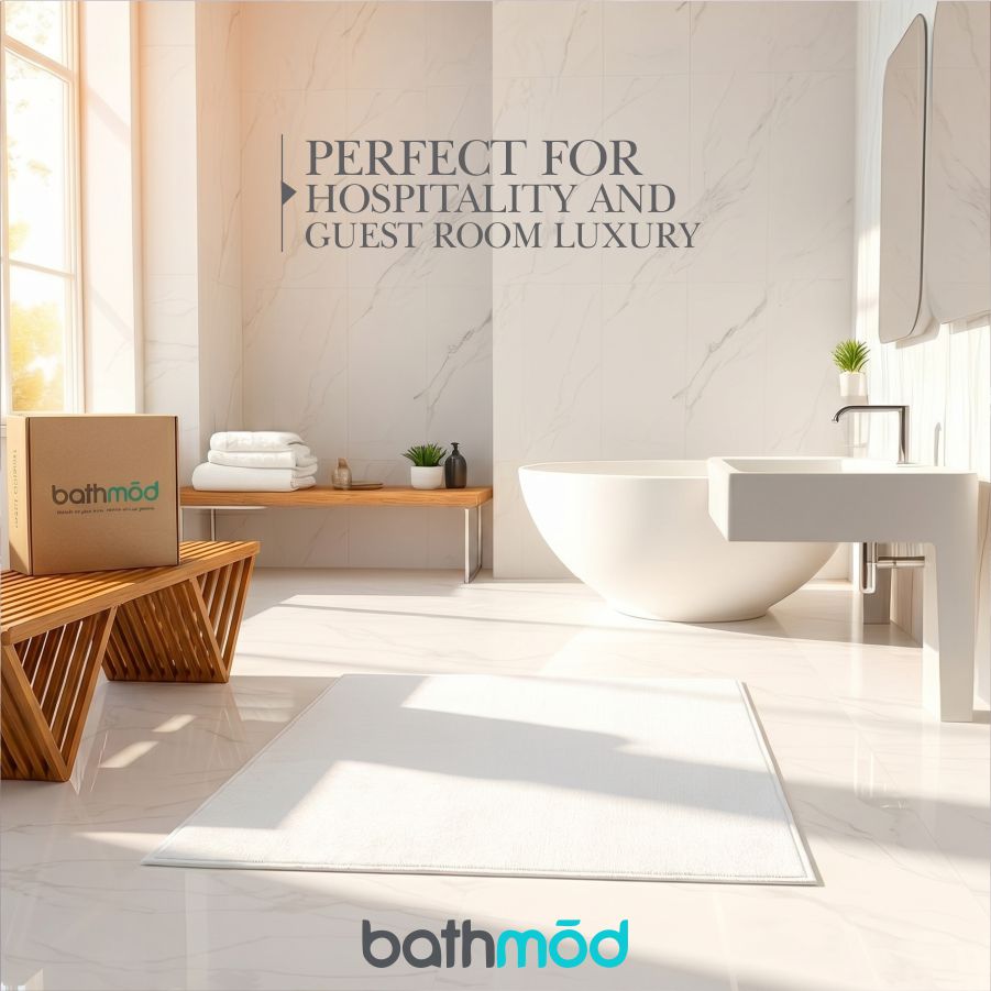 Modern bathroom with a bathtub and towels, featuring the bathmod brand.