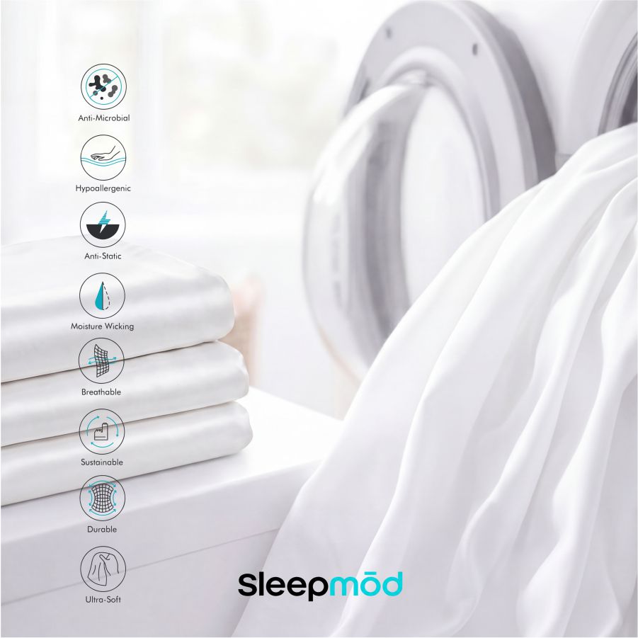 White bedding set with Sleepmod branding and feature icons on a light background