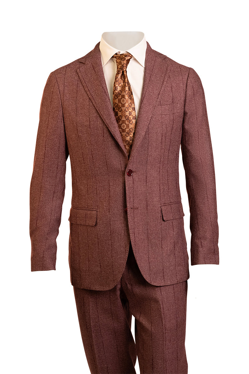 Brown checkered suit with a patterned tie on a white background
