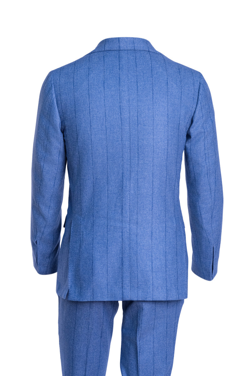 Blue suit jacket and pants on a white background