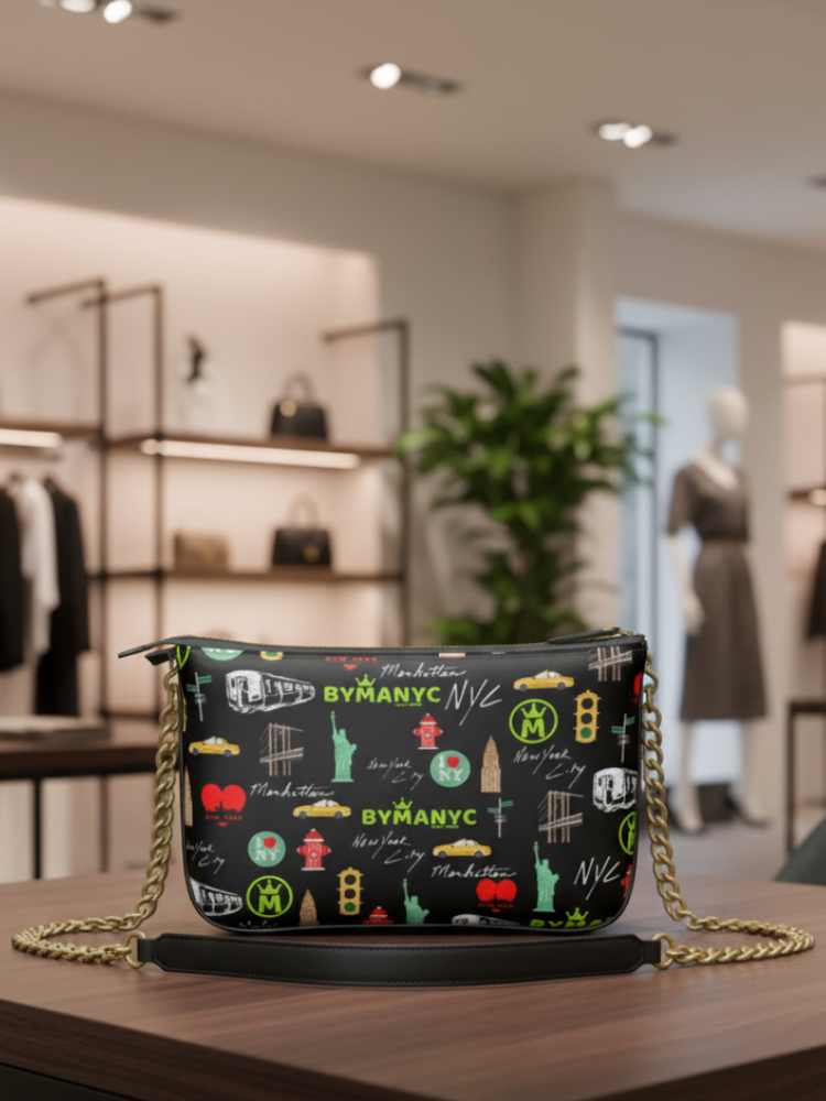 Handbag with colorful design on a wooden table in a store setting