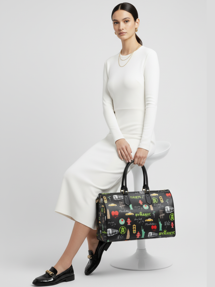 Woman holding a patterned handbag on a plain background