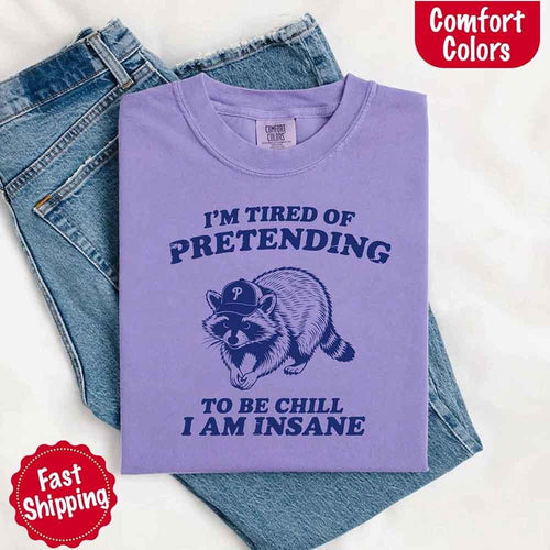 Purple t-shirt with raccoon graphic and text on jeans, branded 'Comfort Colors'.