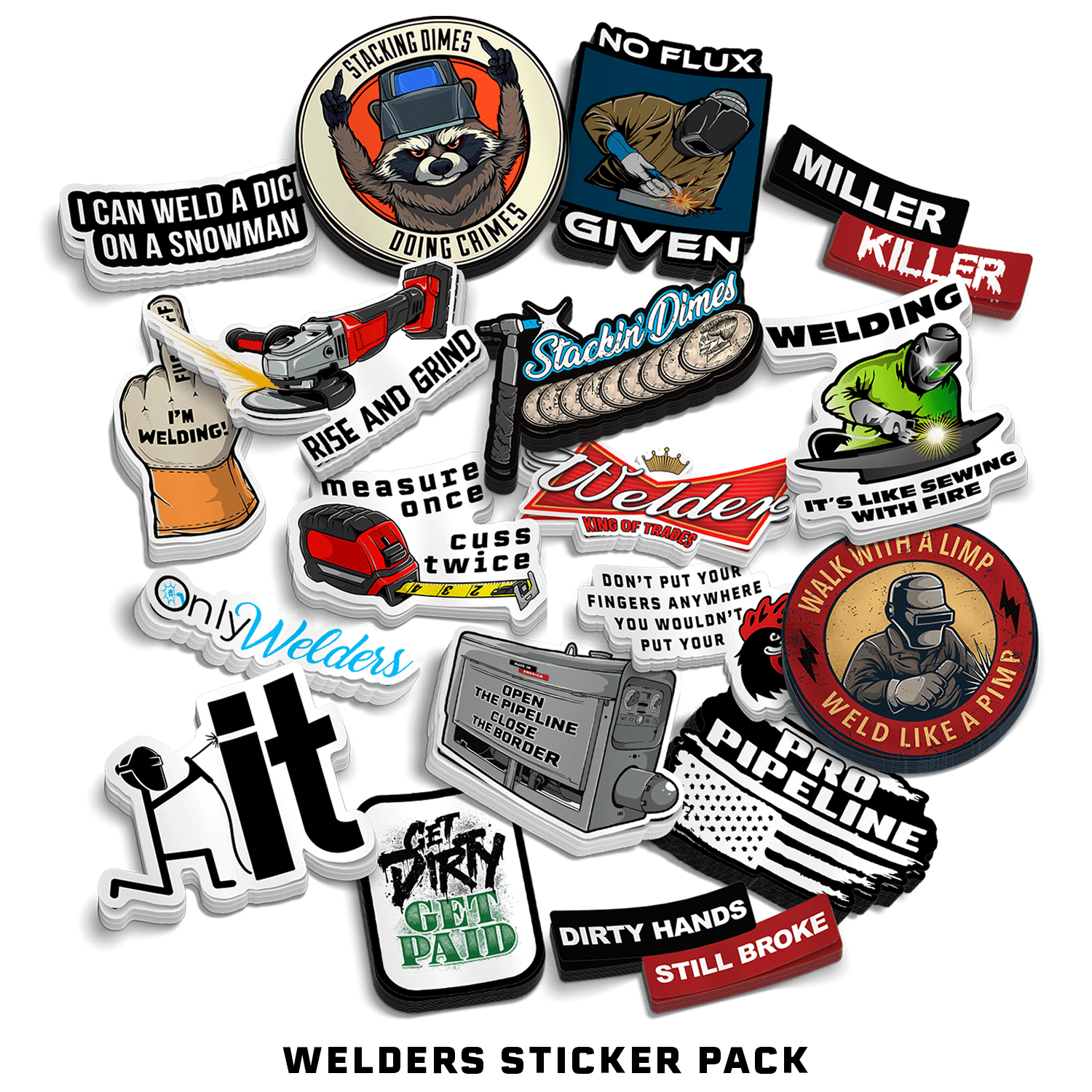 Collection of welder-themed stickers on a white background