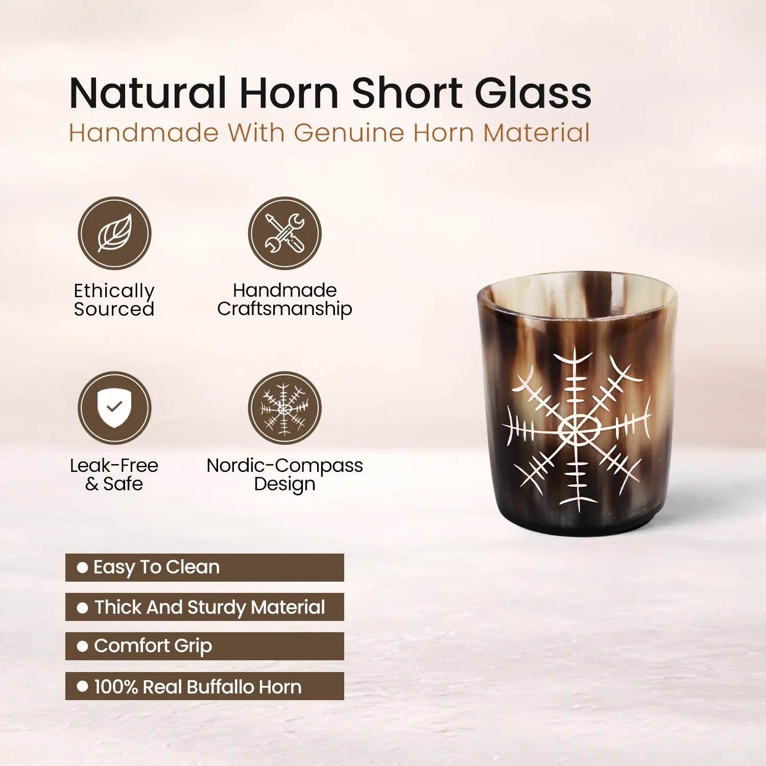 Nordic Compass Horn-Schnapsgläser – Handgefertigtes Barware-Set aus echtem Büffelhorn