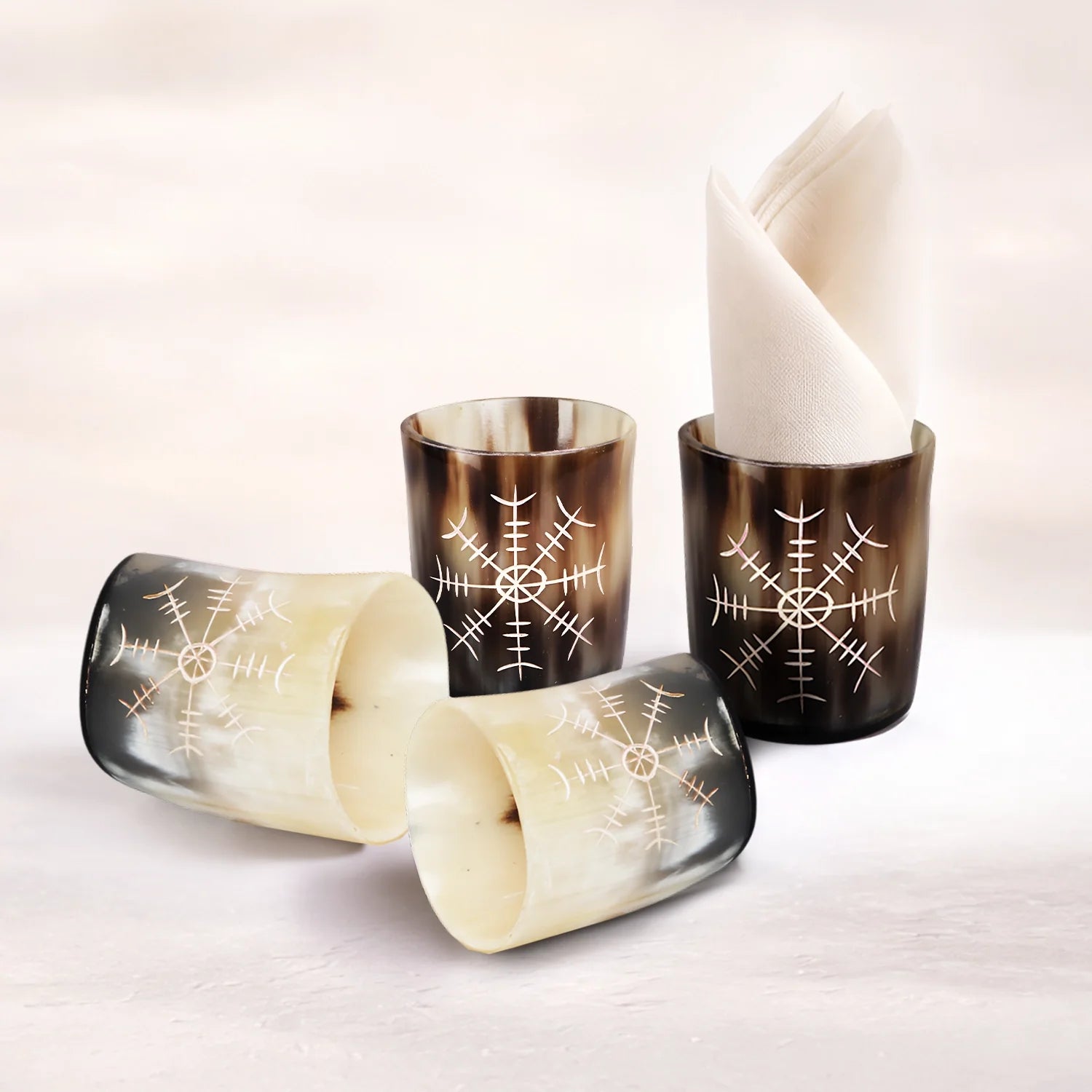 Nordic Compass Horn Shot Glasses – Handmade Real Buffalo Horn Barware Set