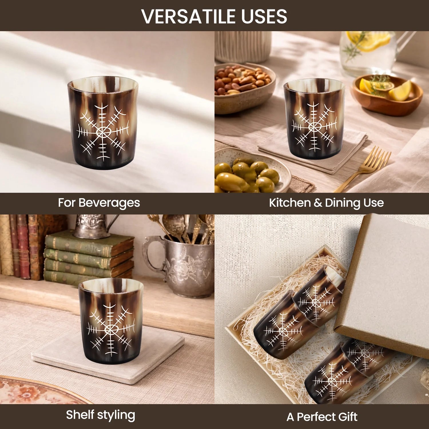 Nordic Compass Horn Shot Glasses – Handmade Real Buffalo Horn Barware Set
