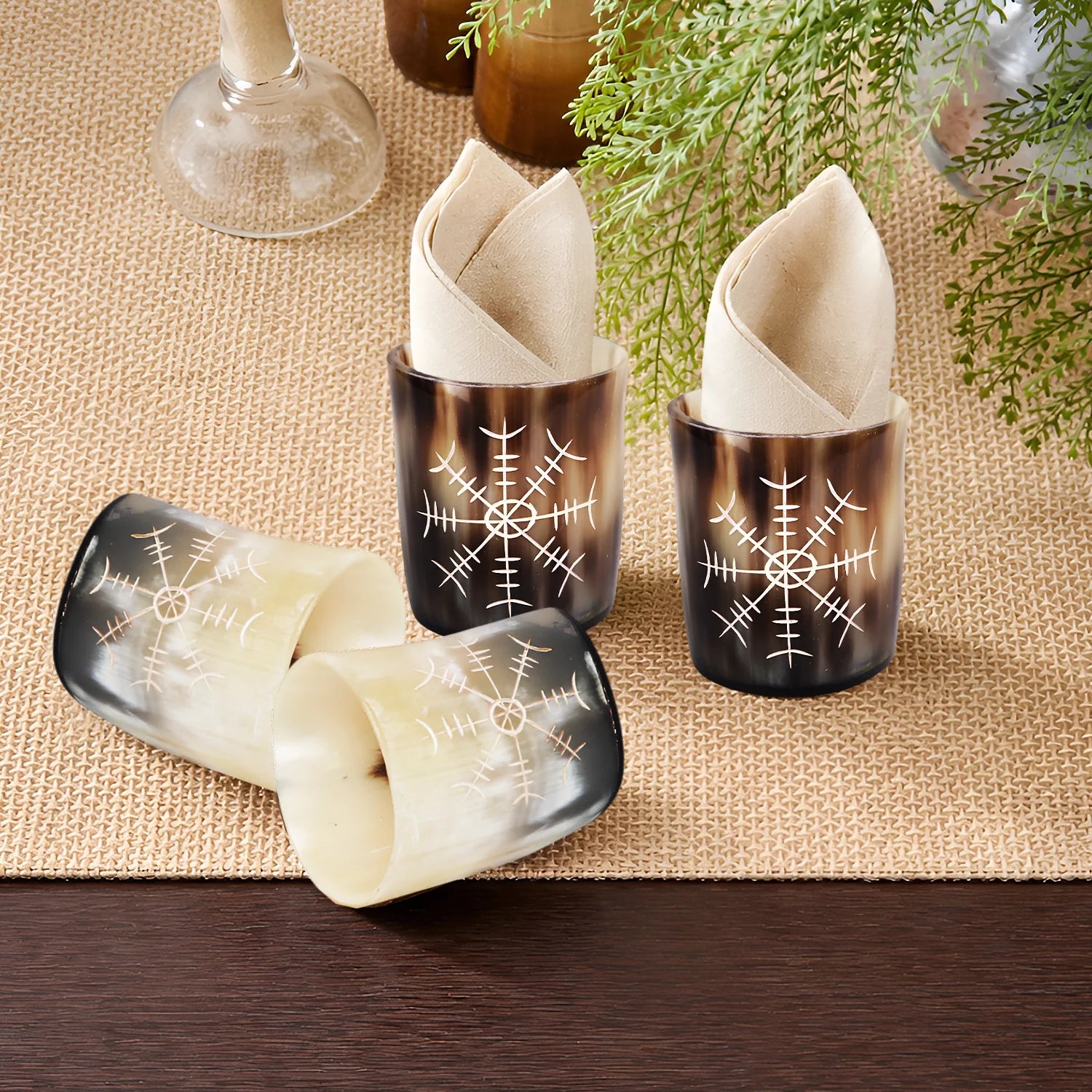 Nordic Compass Horn Shot Glasses – Handmade Real Buffalo Horn Barware Set