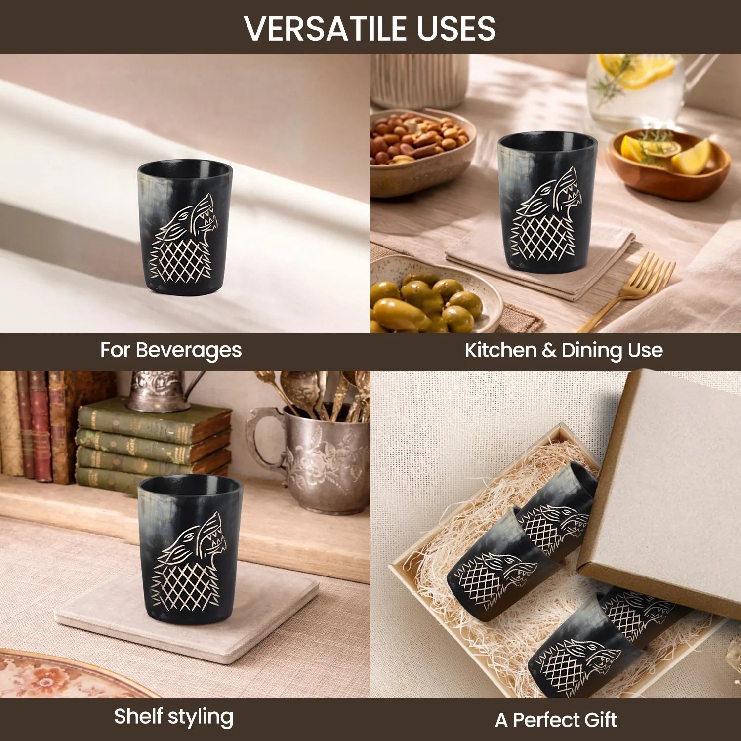 Viking Wolfshorn-Shotgläser – Handgemachtes Bar-Set aus echtem Büffelhorn