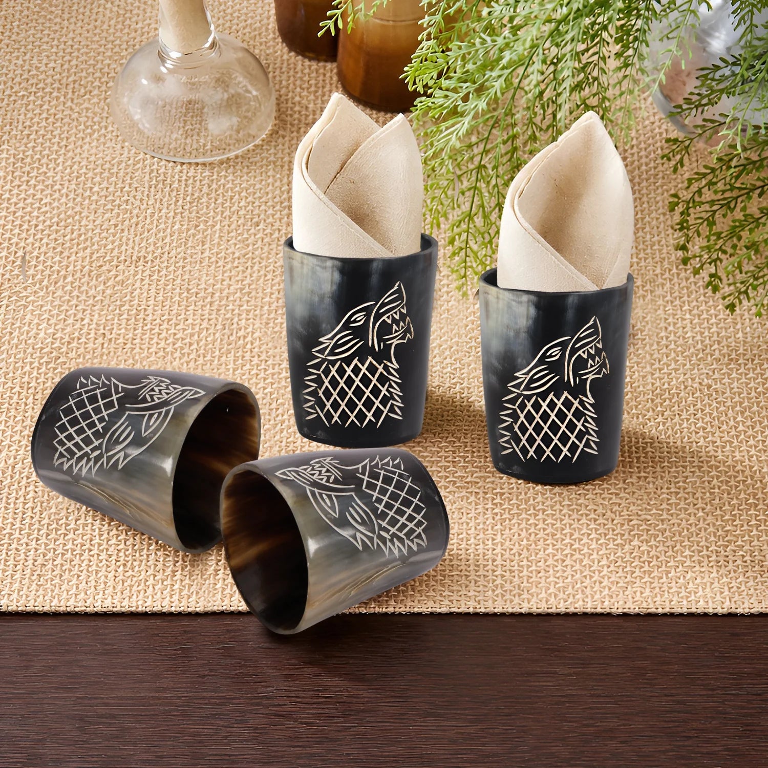 Viking Wolf Horn Shot Glasses – Handmade Real Buffalo Horn Barware Set