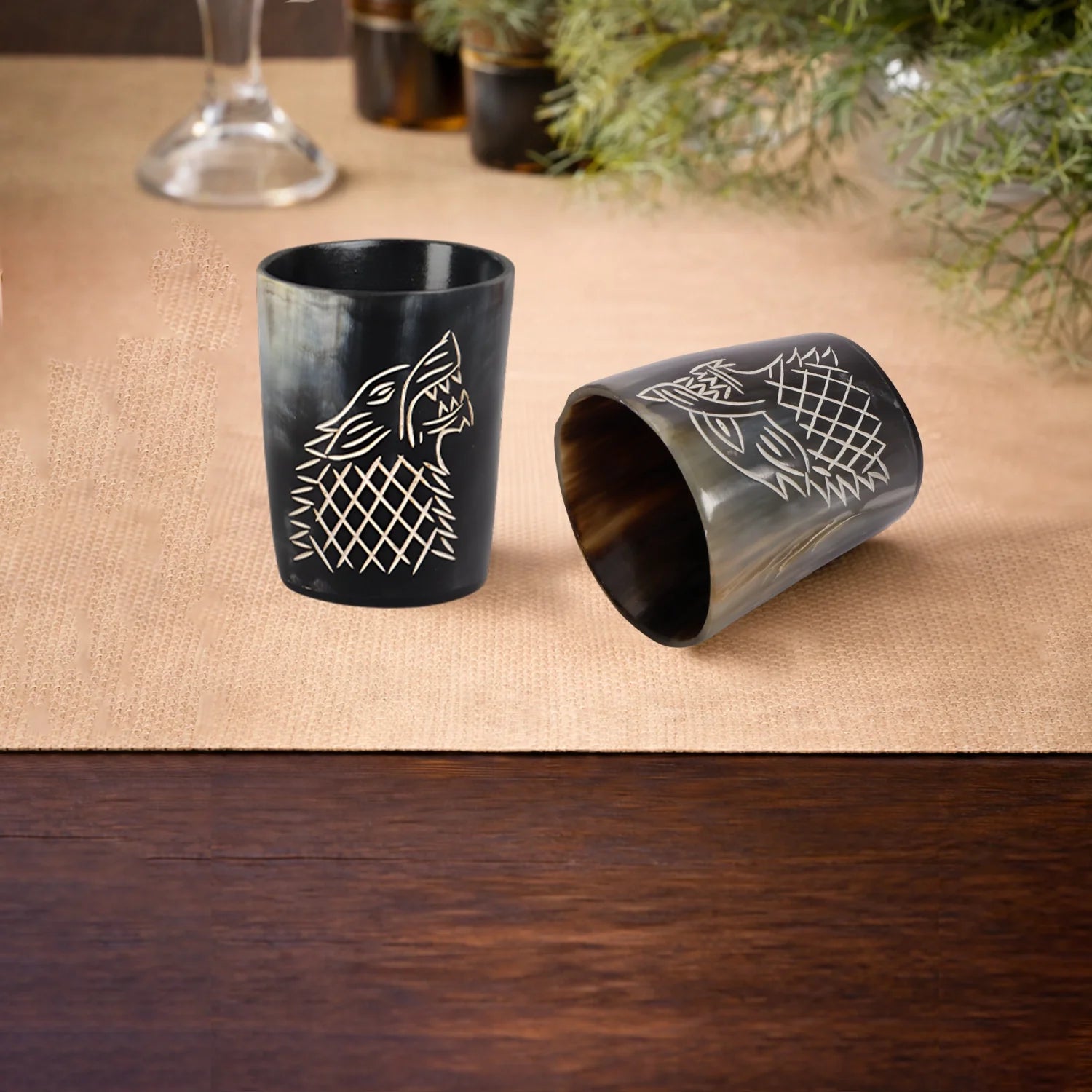 Viking Wolf Horn Shot Glasses – Handmade Real Buffalo Horn Barware Set