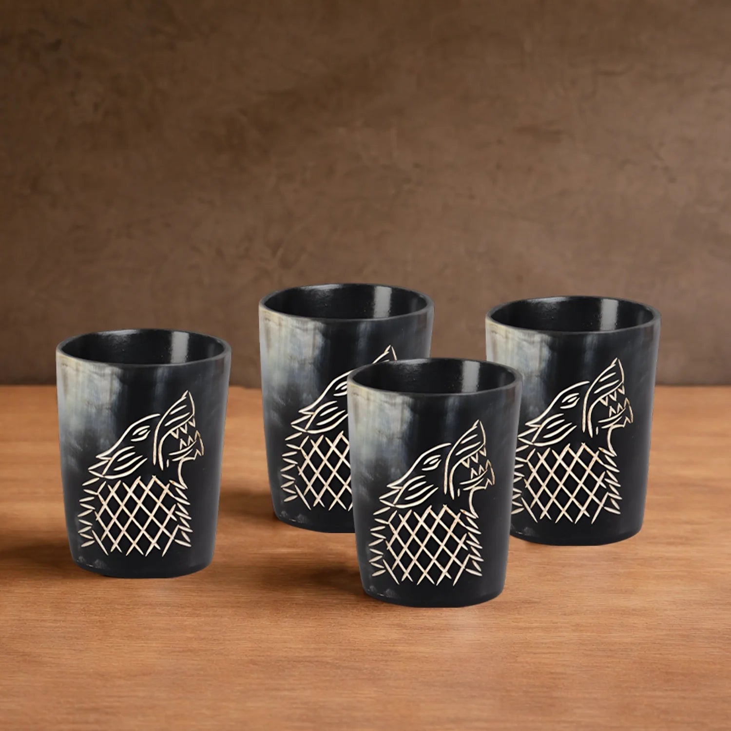Viking Wolf Horn Shot Glasses – Handmade Real Buffalo Horn Barware Set