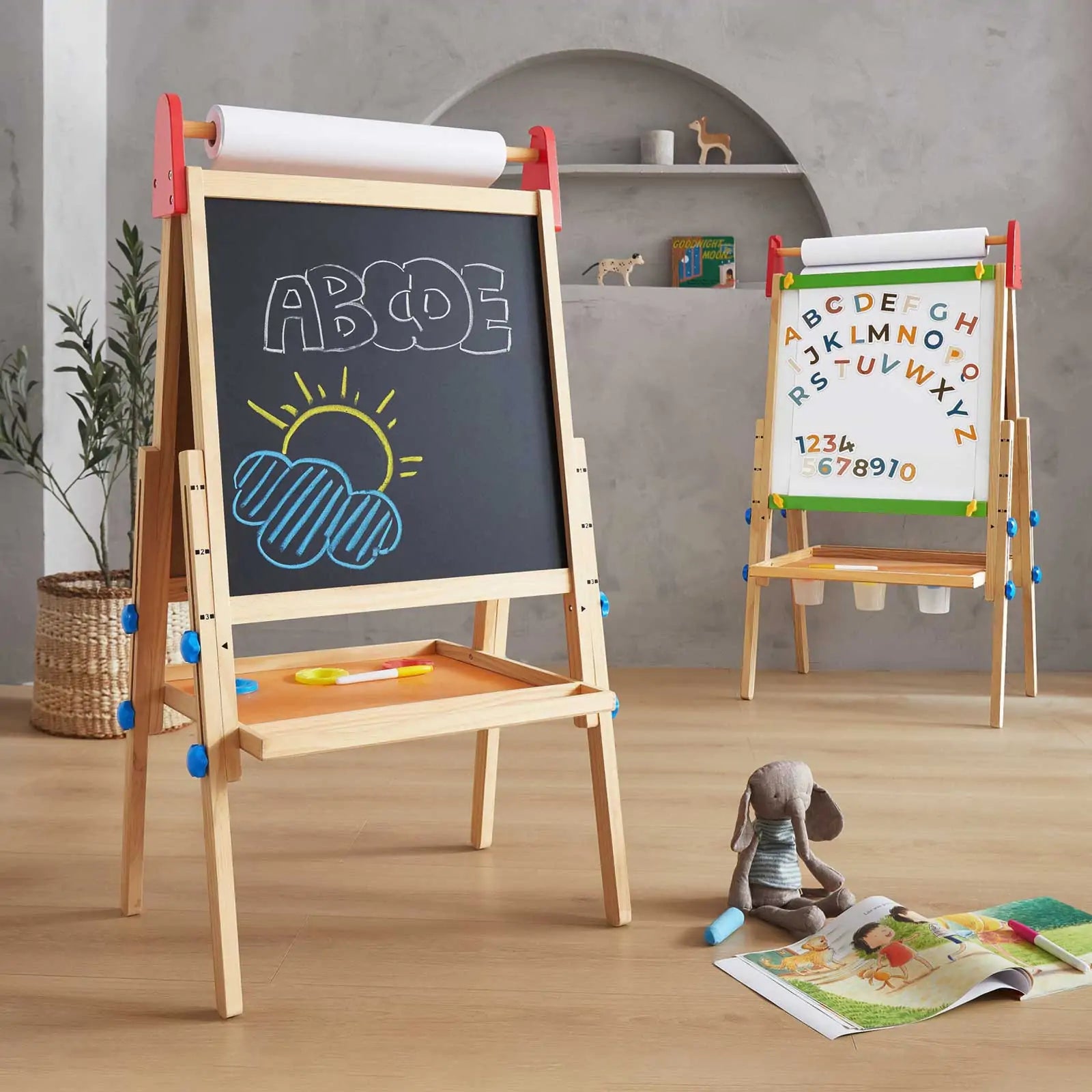 Tiny Land Double-Sided Kids Art Easel – Chalkboard, Whiteboard & Paper Roll