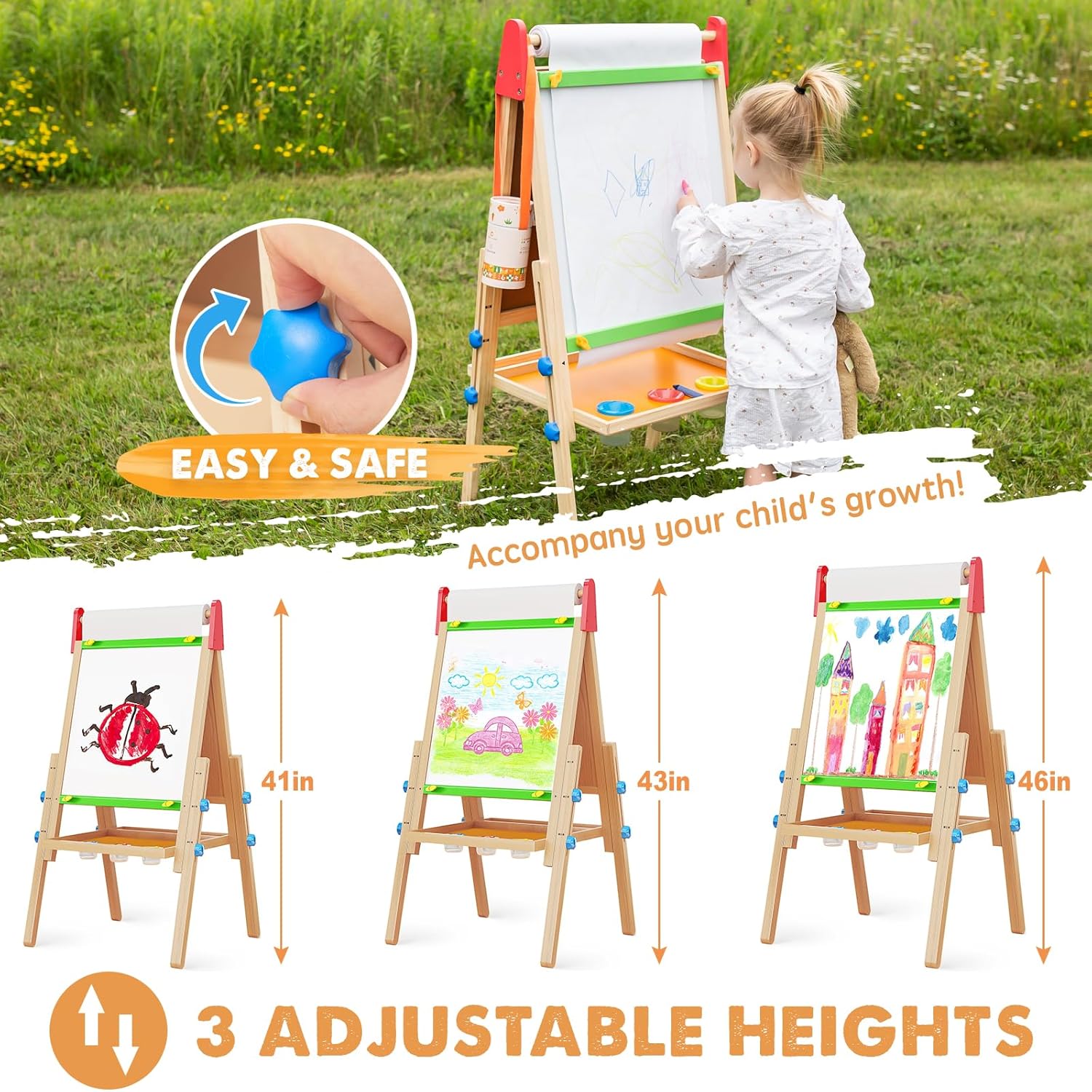 Tiny Land Double-Sided Kids Art Easel – Chalkboard, Whiteboard & Paper Roll