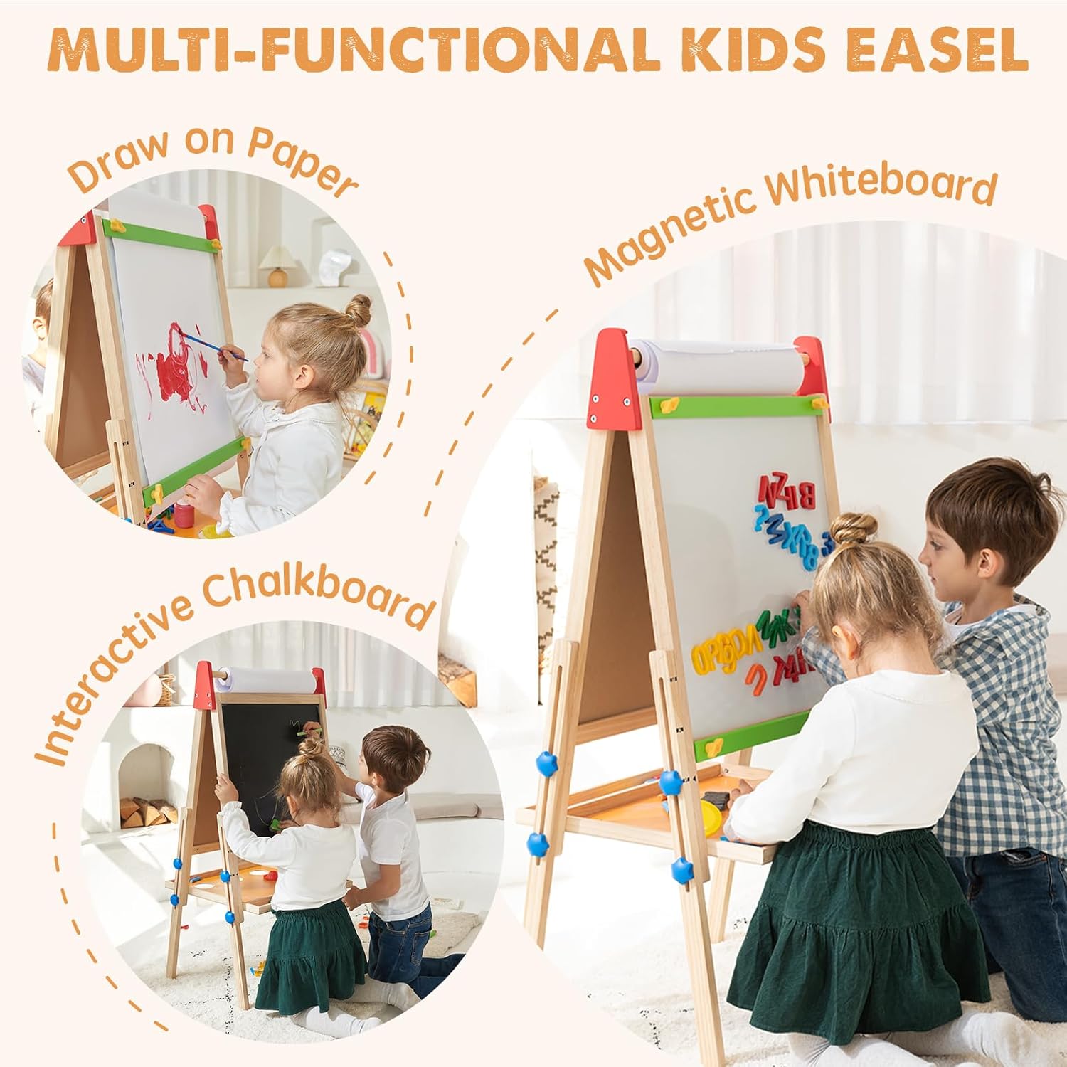 Tiny Land Double-Sided Kids Art Easel – Chalkboard, Whiteboard & Paper Roll