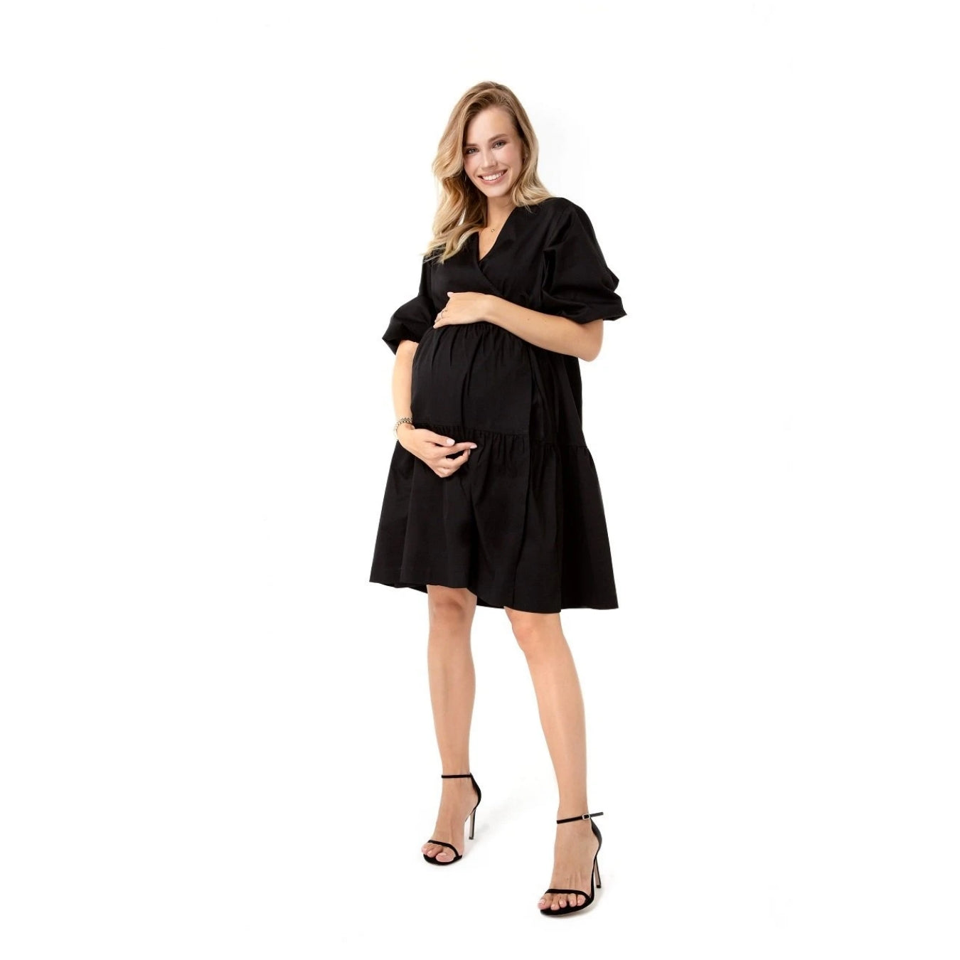Maternity & Nursing Wrap Dress – Puff Sleeve A-Line Cotton Dress