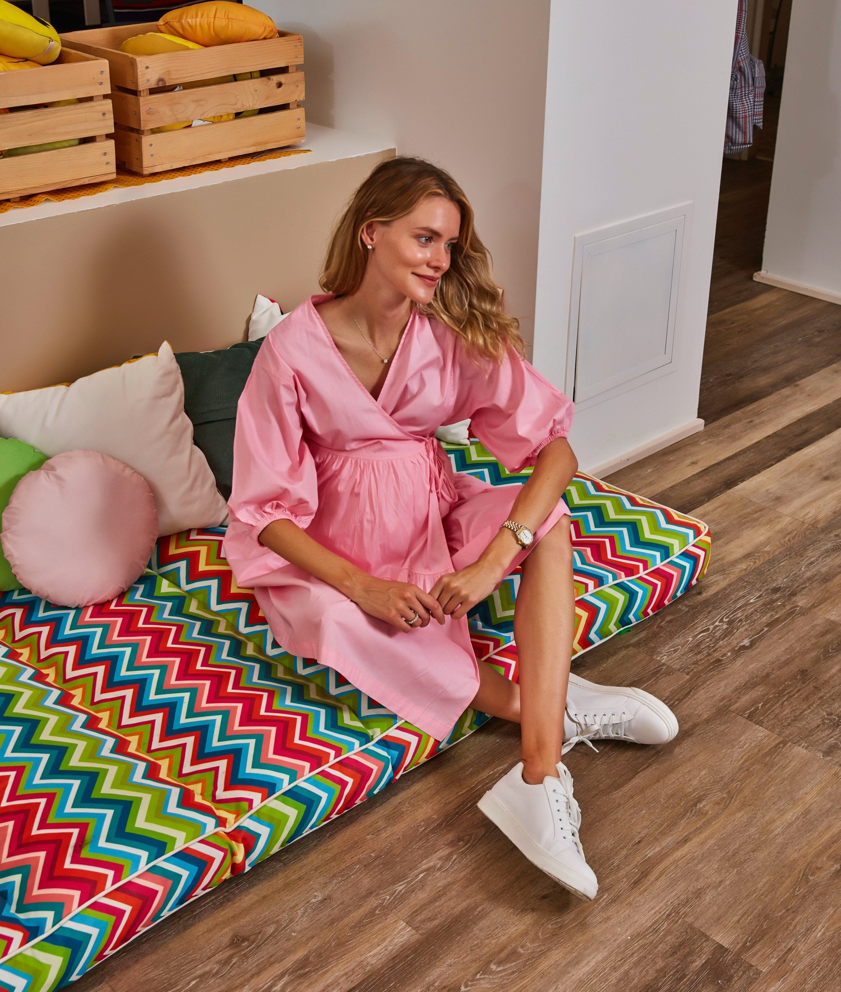 Maternity & Nursing Wrap Dress – Puff Sleeve A-Line Cotton Dress