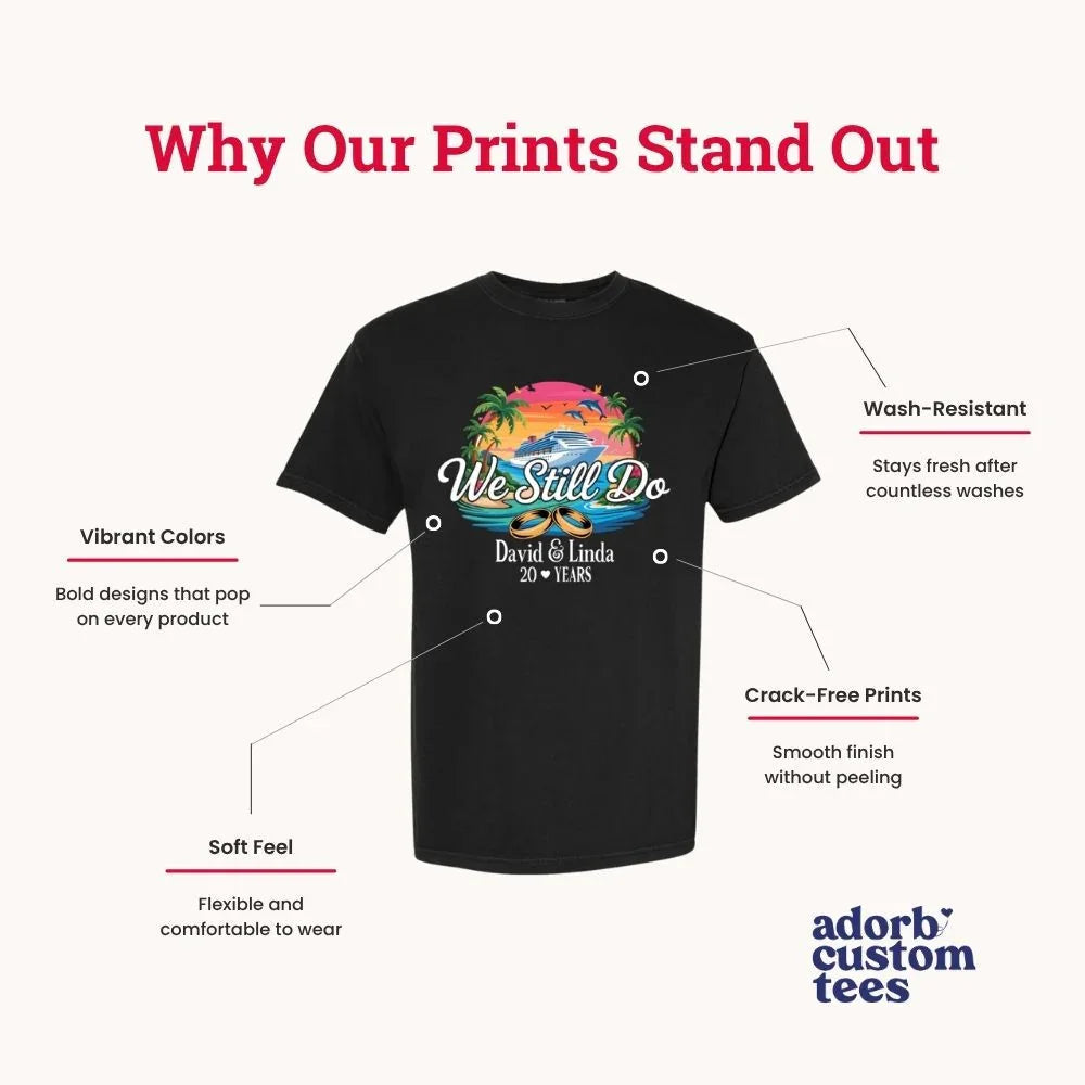 Black t-shirt with colorful graphic and text, featuring Adorb Custom Tees branding.