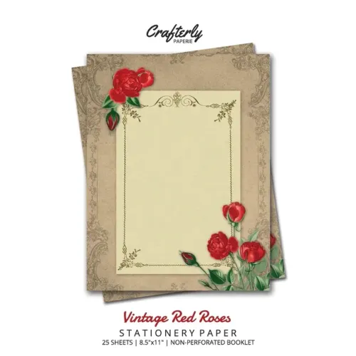 Vintage Red Roses Stationery Paper | 25 Sheets, 8.5×11" Antique Border Letter Writing Paper