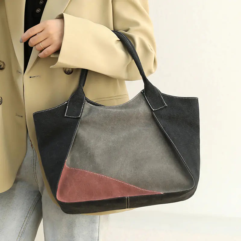 Large Canvas Shoulder Bag for Women – Spacious Commuter Tote in Grey & Coffee