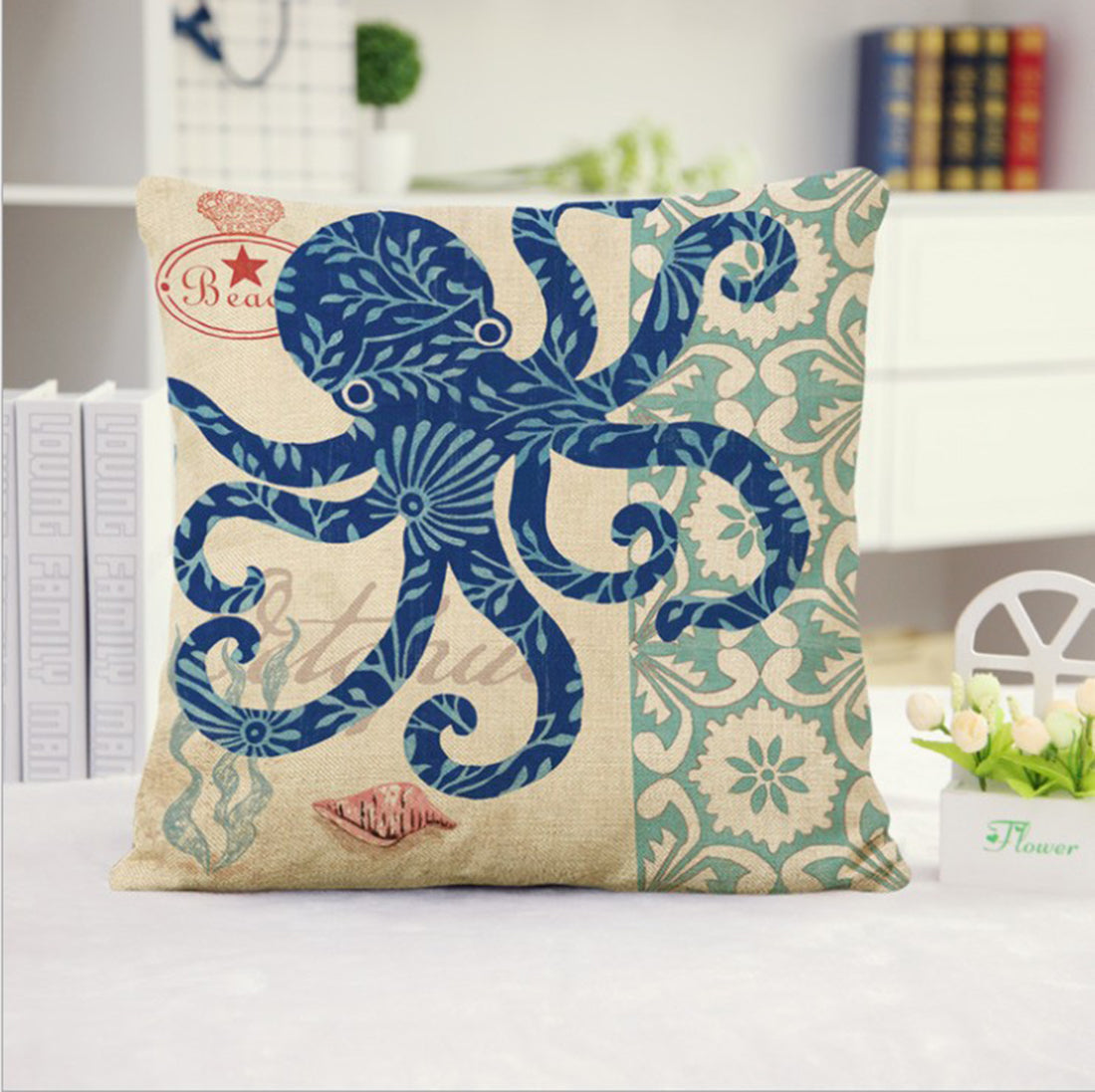 Coastal Print Pillow with Insert – 18”x18” Nautical Accent Pillow