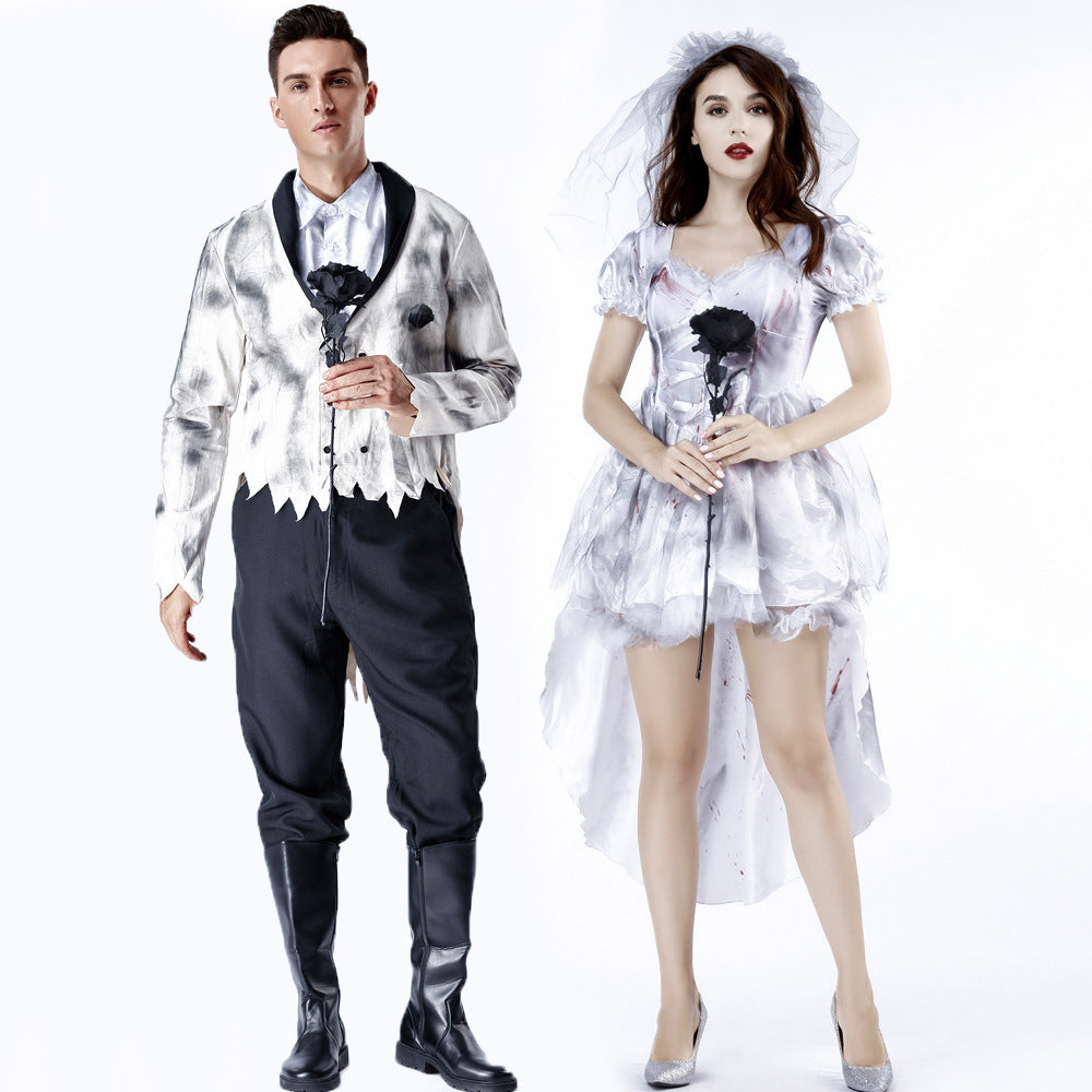 Two people in matching white and black outfits on a white background
