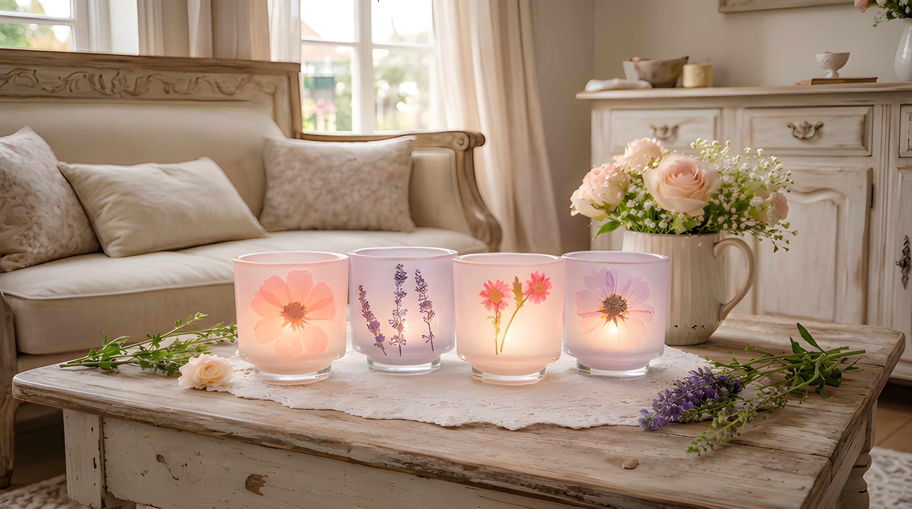 Decorative candles with floral designs on a wooden coffee table in a cozy living room.