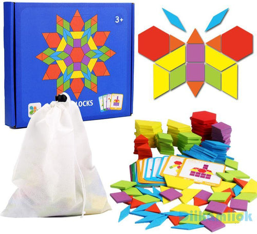 Colorful geometric building blocks set with packaging and educational cards.
