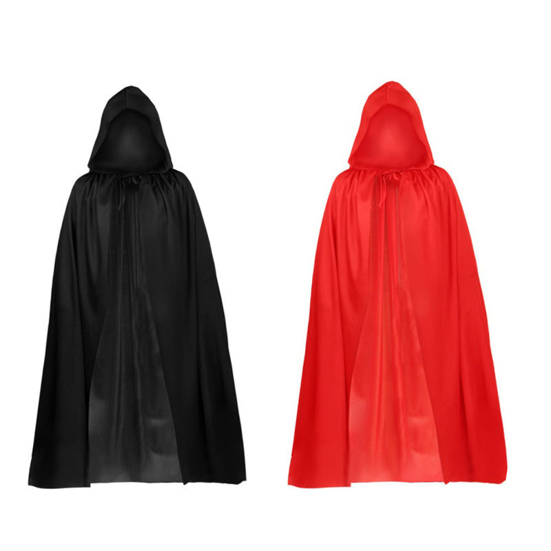 Black and red hooded cloaks on a white background