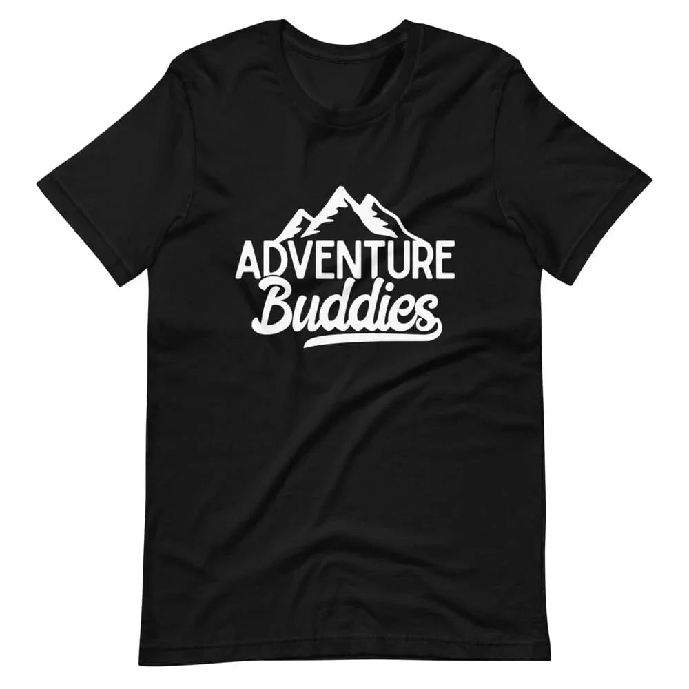 Dark gray t-shirt with 'Adventure Buddies' text and mountain graphic on a white background