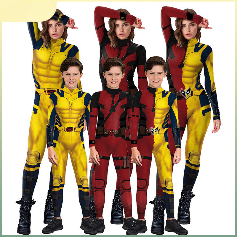Two people in yellow and black superhero costumes and two in red and black superhero costumes posing together.