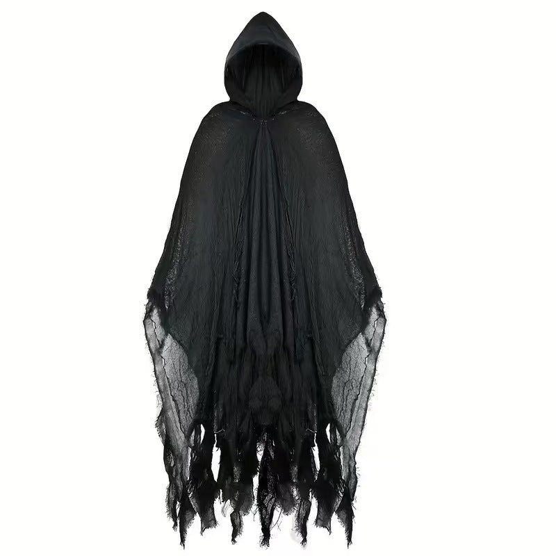 Black hooded cloak with tassels on a white background