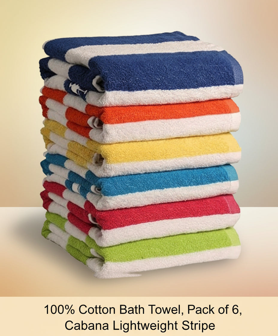 100% Cotton Bath Towels – 6-Pack Cabana Stripe, Lightweight & Absorbent