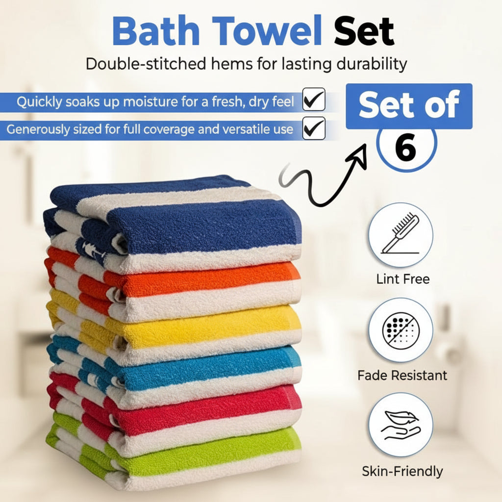 100% Cotton Bath Towels – 6-Pack Cabana Stripe, Lightweight & Absorbent