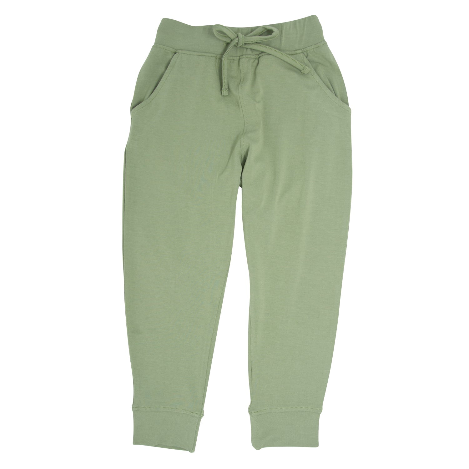 Green sweatpants with a drawstring on a white background