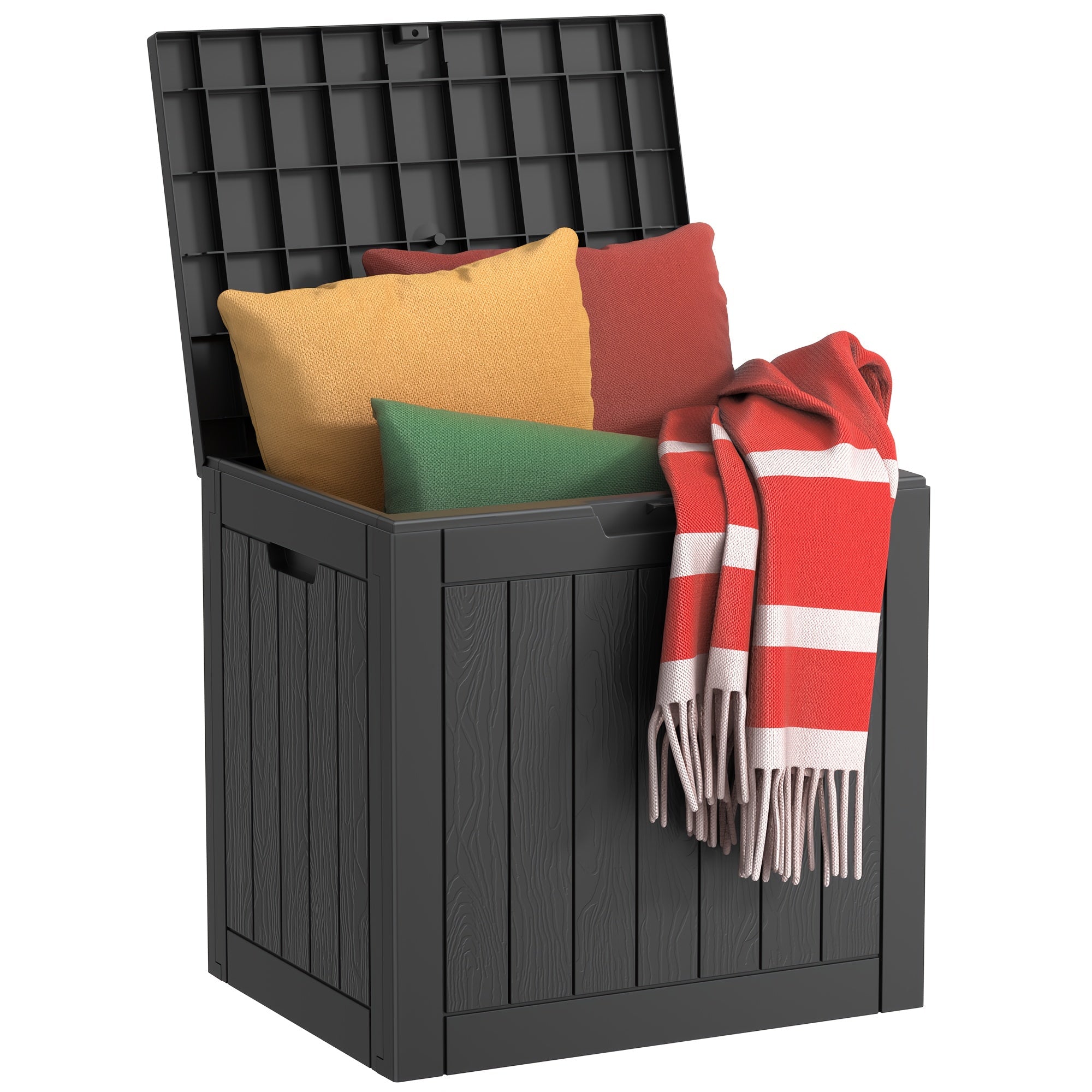 35 Gallon Outdoor Resin Storage Box | Lockable Flip-Top | Black/Wood Grain