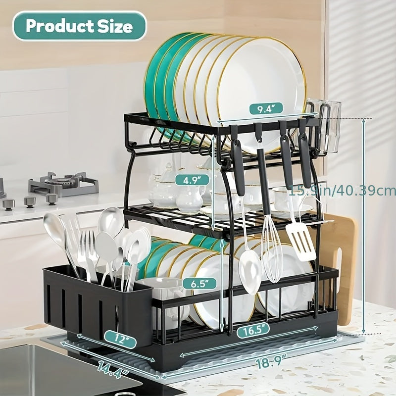 Black Metal Dish Rack | Rust-Resistant | Cup Hooks & Drainage Tray | 2-Layer & 3-Layer